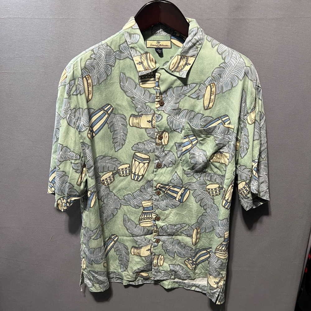 Tommy Bahama Mens XL Silk Camp Shirt Green Tropical Drum Palm Print Short Sleeve